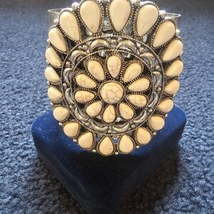 Cream Stone Floral Statement Cuff Bracelet